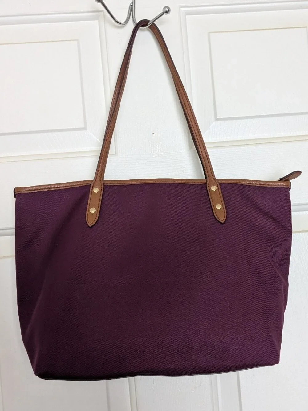 Coach Sawyer Plum Canvas & Leather Tote Bag Gold Hardware Charm Purple